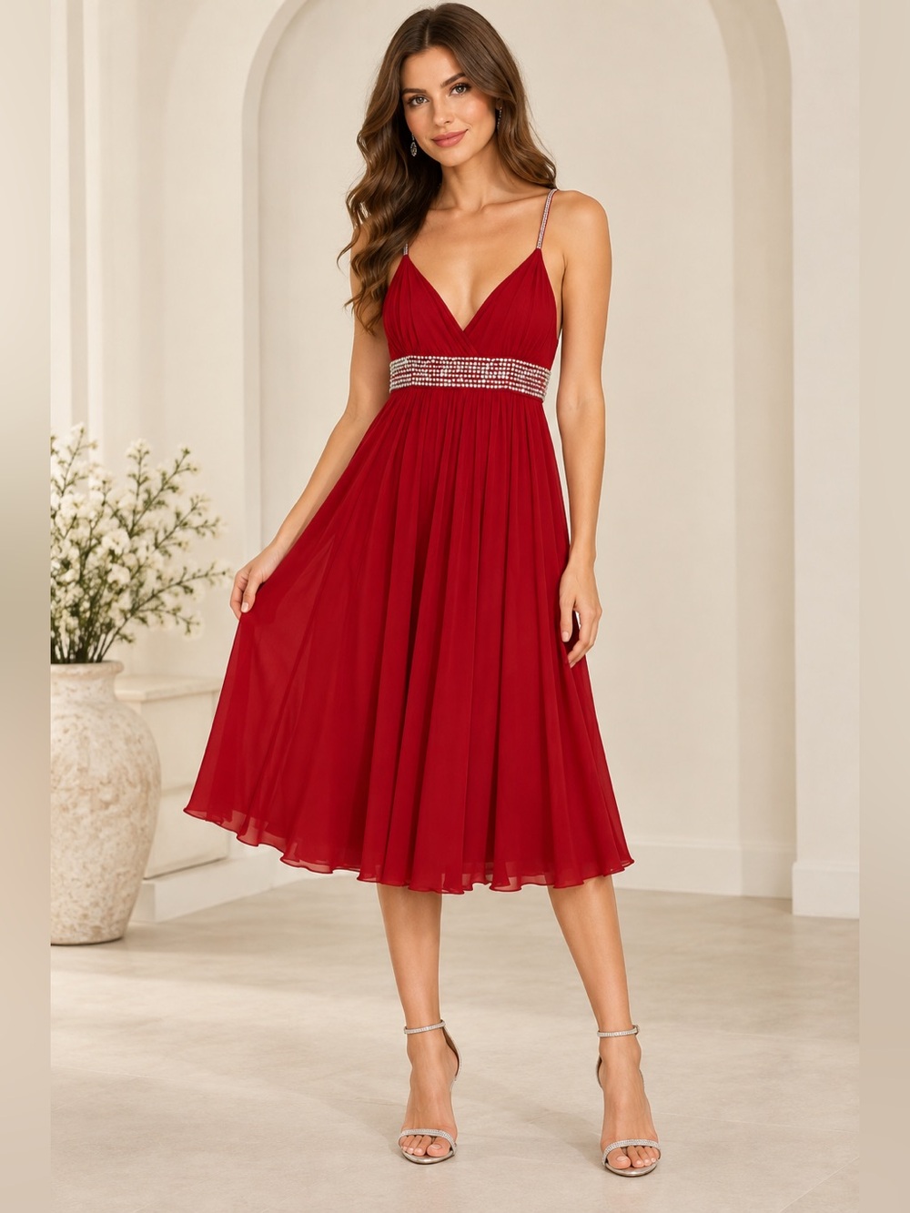 Q-T Maternity Red Rhinestone Strappy Dress Size Small